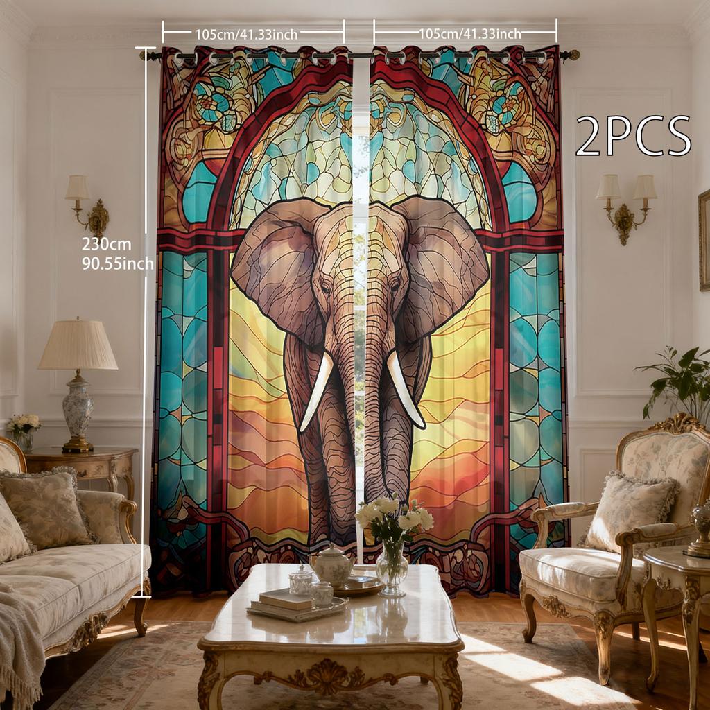 2Pcs Vintage Glass Painted Elephant Perforated Printed Curta Multiple Sizes For Living Room And Bedroom Insulation Decoration