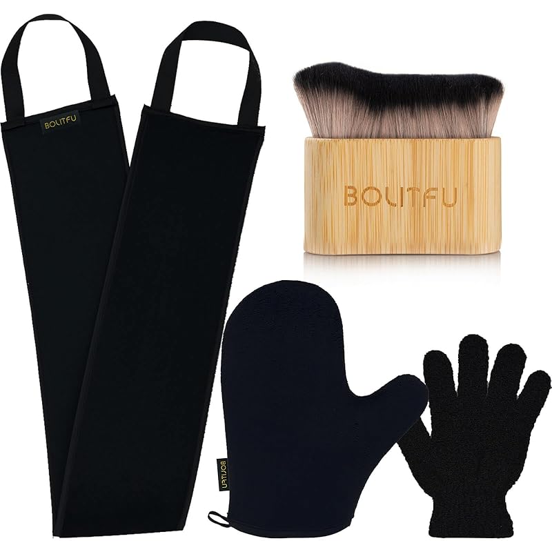 4 Pack Self Tanning Mitt Applicator Kit - 1 Self Tan Mitt, 1 Back Tanning Applicator, 1 Ultra Soft Self Tanner Brush, 1 Exfoliating Glove, for
