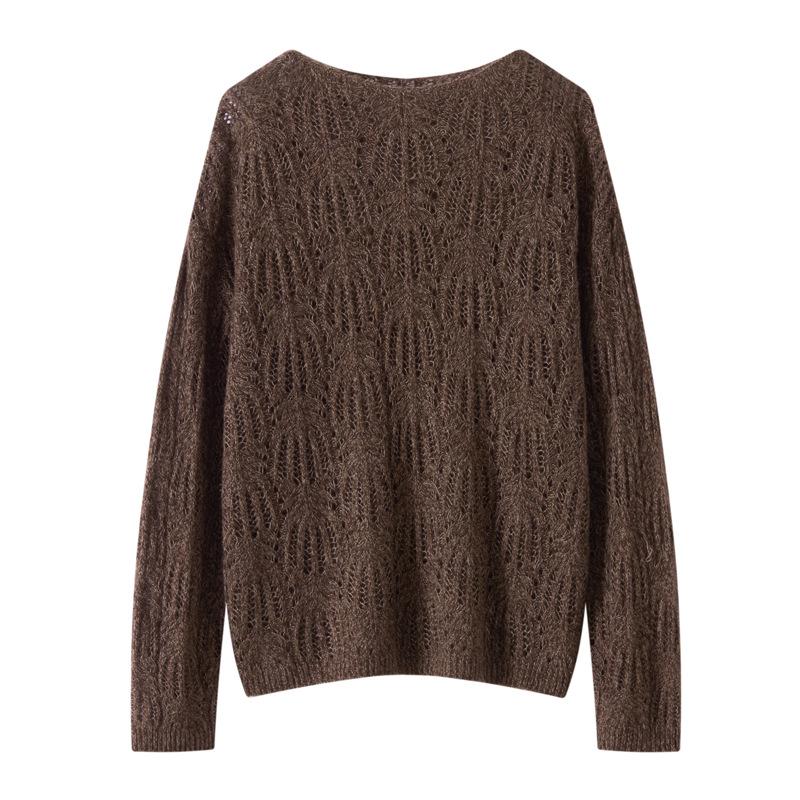 Korean Style Women's Cashmere Lyocell Round Neck Hollow Knit Sweater