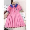 Girls Summer Polo Collar Pleated Dress Short Sleeve Preppy School Uniform Dress for Big Kids