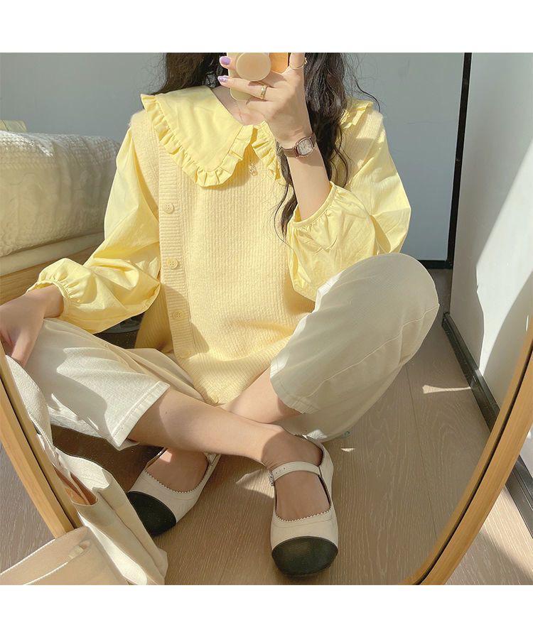 Damen Gelbes Milch Langarmshirt, Französischer Retro Puppenkragen, Schickes Frühling/Herbst Design, Süßer und Nischenstil.