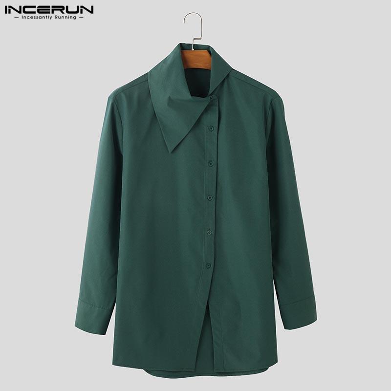INCERUN Plus Size Men Irregular Neck Long Sleeve Oblique Buttons Splits Casual Shirts