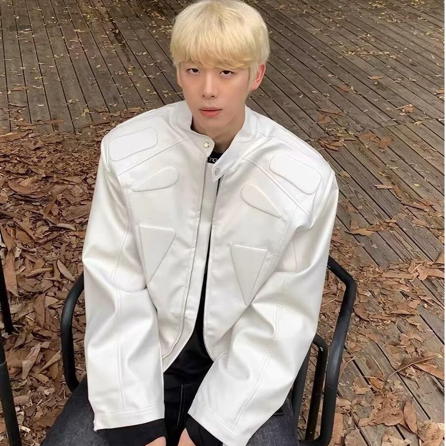 Men's High-Street Deconstructed Leather Jacket with Shoulder Pads - Cool Autumn Motorcycle Design