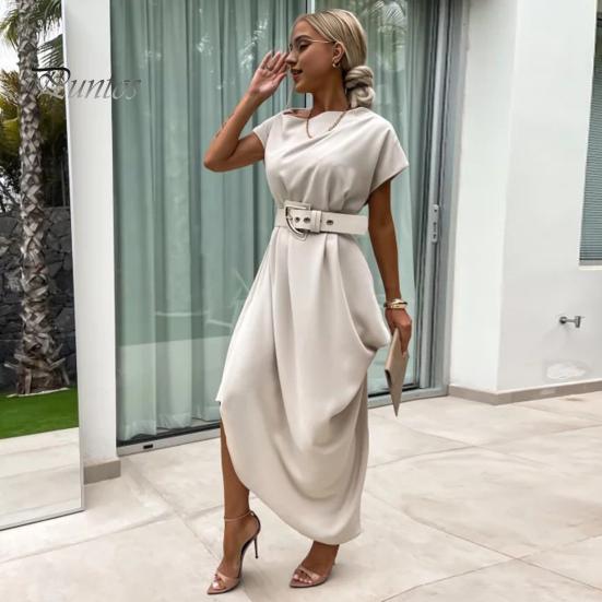 Summer Women Dress Irregular Short Sleeves One Shoulder Solid Color Baggy Ankle Length Tight Waist Slant Neck Lady Commute Prom Party Maxi Dress