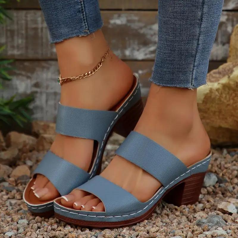 Fashion Vintage Open Toe Outside Slippers Women 2025 Summer High Heels Comfortable Sandals Women Classic Blue Back Strap Daily Shoes