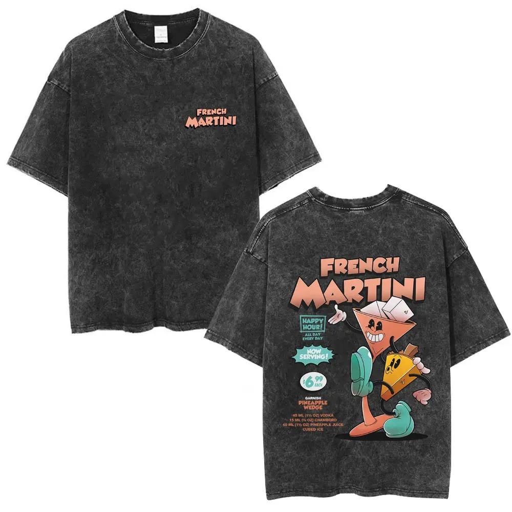 Oversized Acid-Wash Short-Sleeve T-Shirt Featuring French Martini Retro Cartoon Mascot Double-Sided Graphic Print L