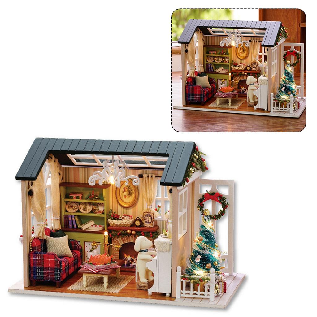 Miniature Wooden House Model with LED Light, Retro   Furniture Handcraft Kit for Developing