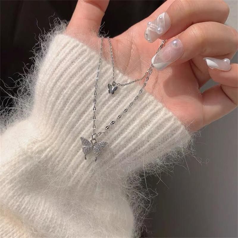 Simple Butterfly Double Layer Choker Necklace For Women Shiny  Butterfly Pendants Clavicle Chain Elegant Wedding Jewelry