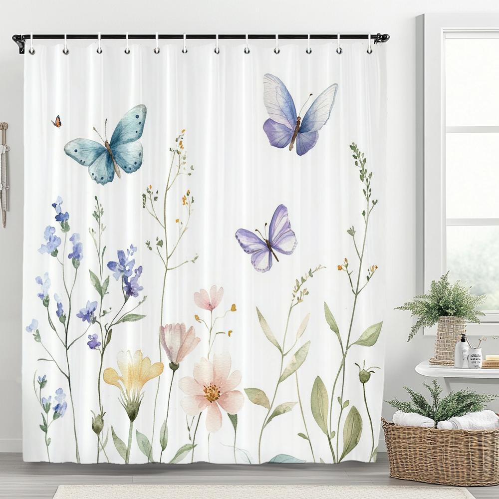 1pc Plant Purple Floral Shower Curtain, Bathroom Decorative Shower Curtain, Printed Polyester Fabric Shower Curtain with Hooks