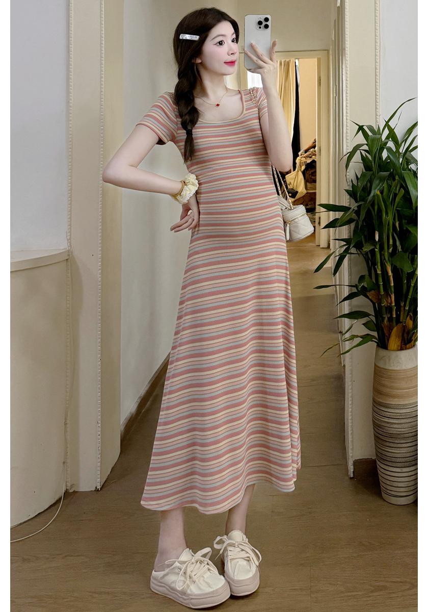 Colorful Striped Slim Fit Maternity Summer Dress with Short Sleeves M (90-115 lbs)