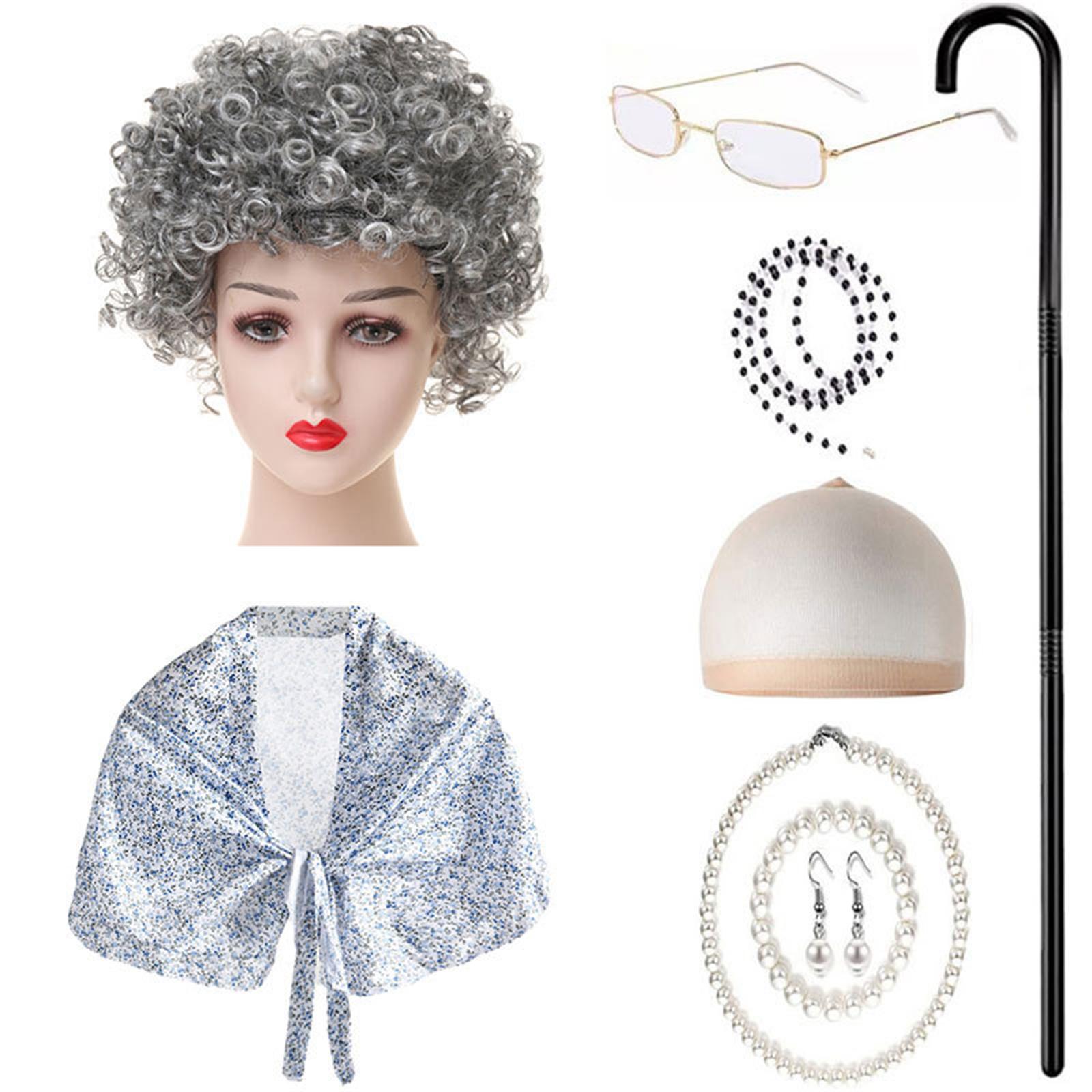 

9Pcs Kids Old Lady Costume Set Grandmather Dressing Up Accessories Includes Wig Glasses Shawl Bracelet Necklace Earrings H