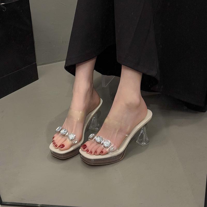 Fashion Block Heel Rhinestone Sandals Summer New Square Toe Open Toe Platform Sheer Strap Crystal High Heel Slippers