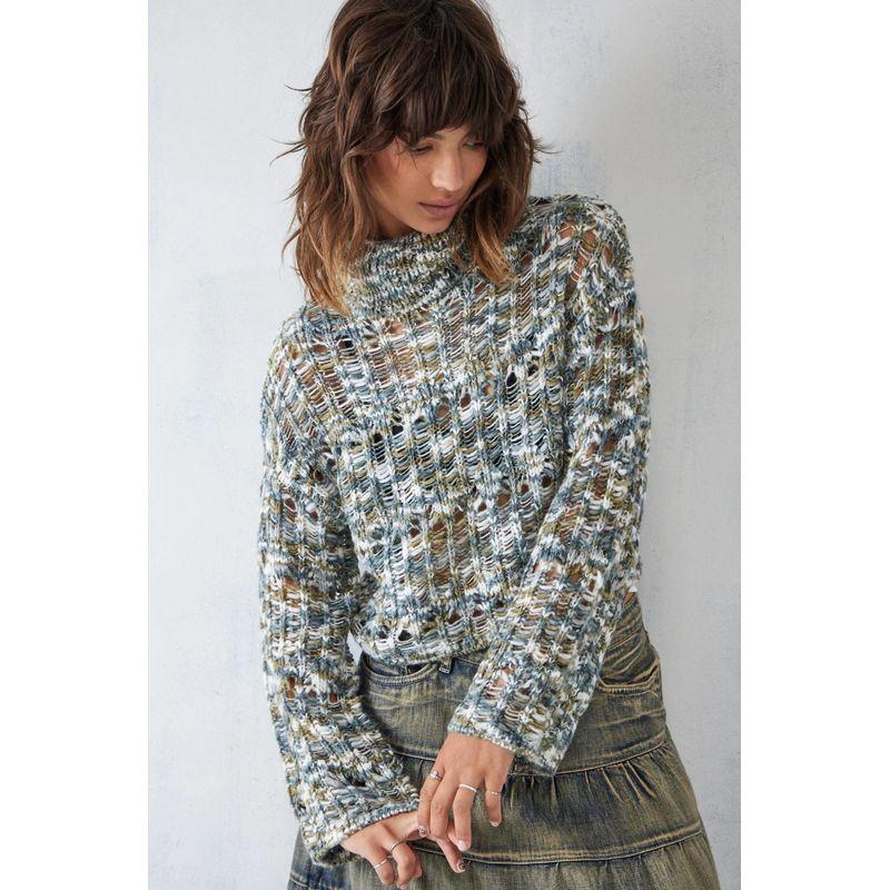 UO Women's Soft Cut Out British Retro Mixed Color Thick Thread Knitting Sweater