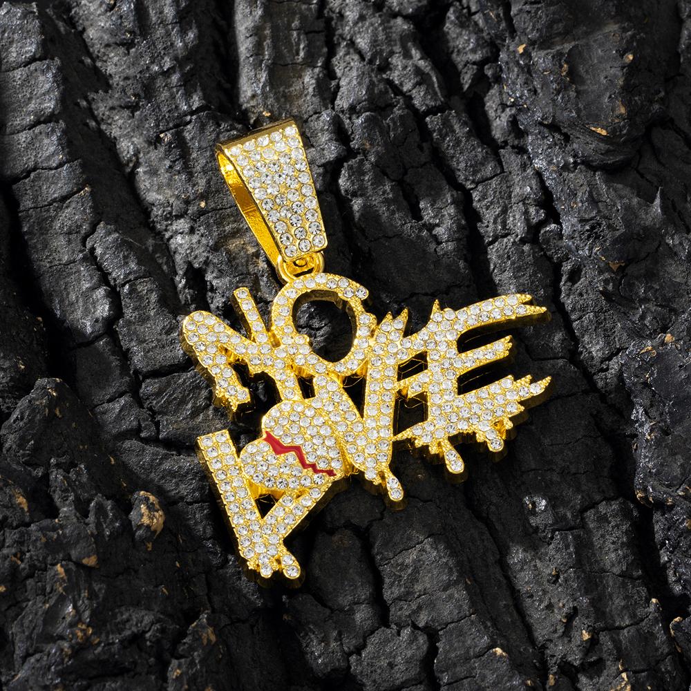 Men Women Hip Hop No Love Heart Letter Pendant Necklace with 13mm Cuban Chain Iced Out Bling Hiphop Necklaces Charm Jewelry Gift