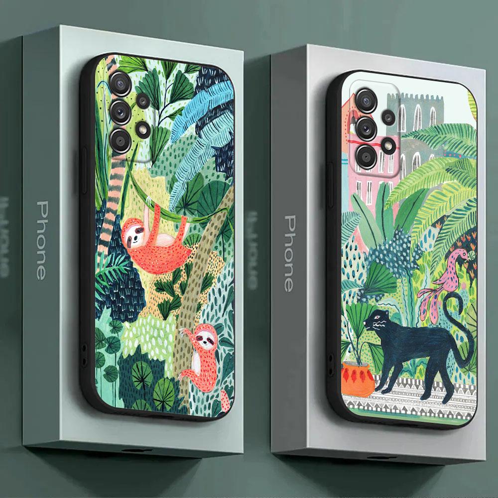 Jungle Art illustration Snake Cats Sloth For Samsung A55 Case A54 A52S A53 5G A51 A34 A35 A33 A32 A50 A72 A71 A30 A7 Soft Cover