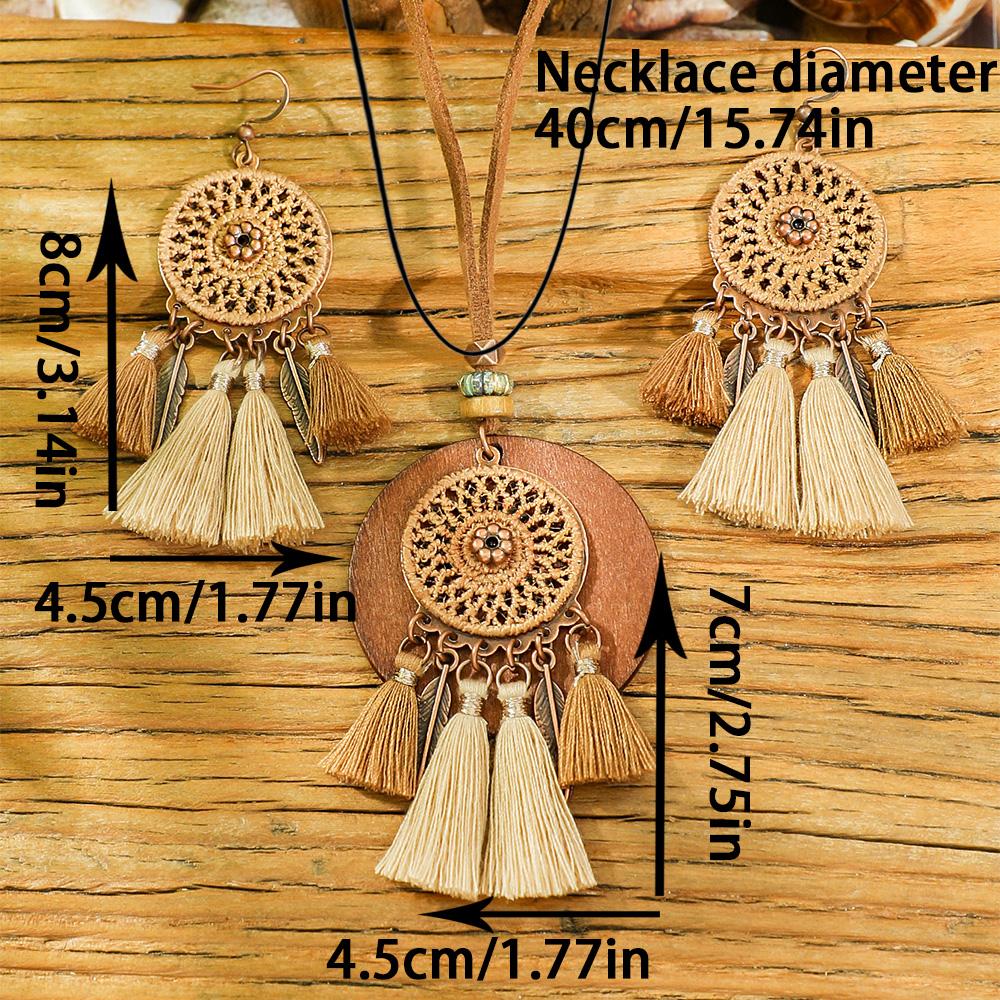 3 st Boho Vintage Bruna Tofsar Örhängen Halsband Handgjorda Centerpärla Inläggningspärla Hänge Halsband Hantverk Gåvor för Kvinnor