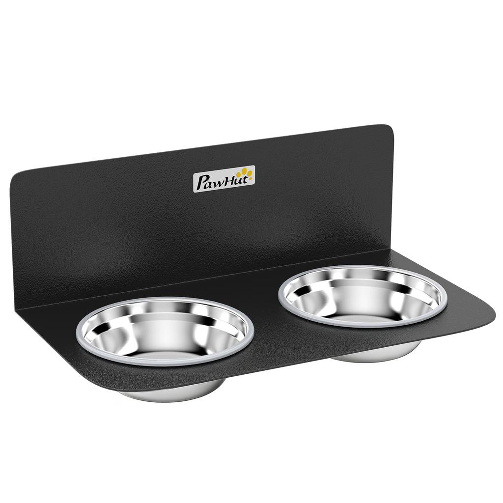 Double Dog Bowl, Wall-Mounted, 2 Bowls, Stainless Steel, 800 ml, 42 x 23.5 x 14 cm, Black