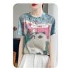 2026 Summer New Women's Round Neck Loose Tie-Dye Cartoon Cat Print Short Sleeve T-Shirt Top