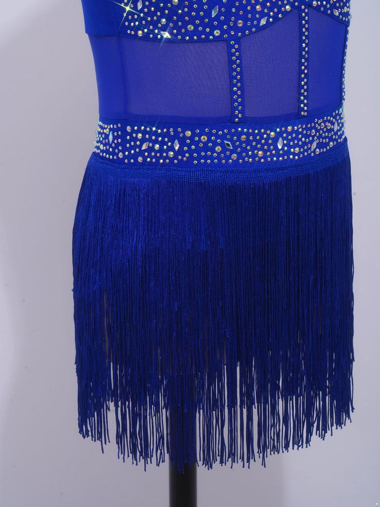 Sukienka na występ w tańcach latynoamerykańskich i tango dla dziewczynek: Strojowy body z naszywkami z dżetów i siateczką, z wielopoziomowym frędzlem