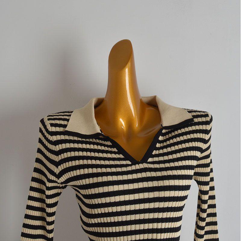 Set Color Matching Stripe Lapel Pullover Knit Skirt Women clothes Slim fit Slimming Sheath Two piece skirt