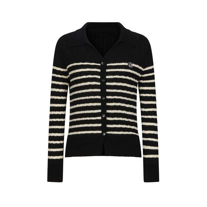 JUZI Annakou MIU Series Women's Striped Wool Blend Lapel Knit Sweater