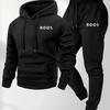 Autumn and Winter Men's Thick Wool Hooded Sweatshirt and Sports Pants Set, Made of Polyester Fabric, Featuring Bee Letter Pattern Printing Set