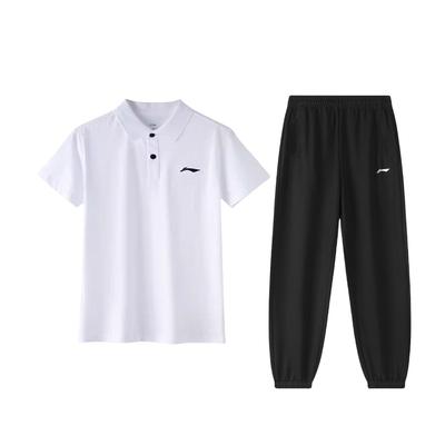 Breathable Solid Color Short Sleeve Fitted Versatile Fashion Long Pants Casual Sports Suit Men Suit APLU751-2+AYKT415-1