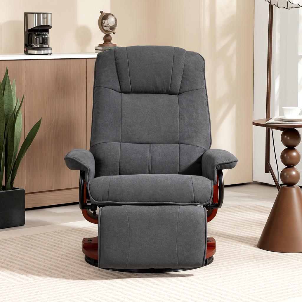 Swivel Recliner, Linen Look, Manually Adjustable Chair with Wooden Base, Footrest, High Backrest, Gray