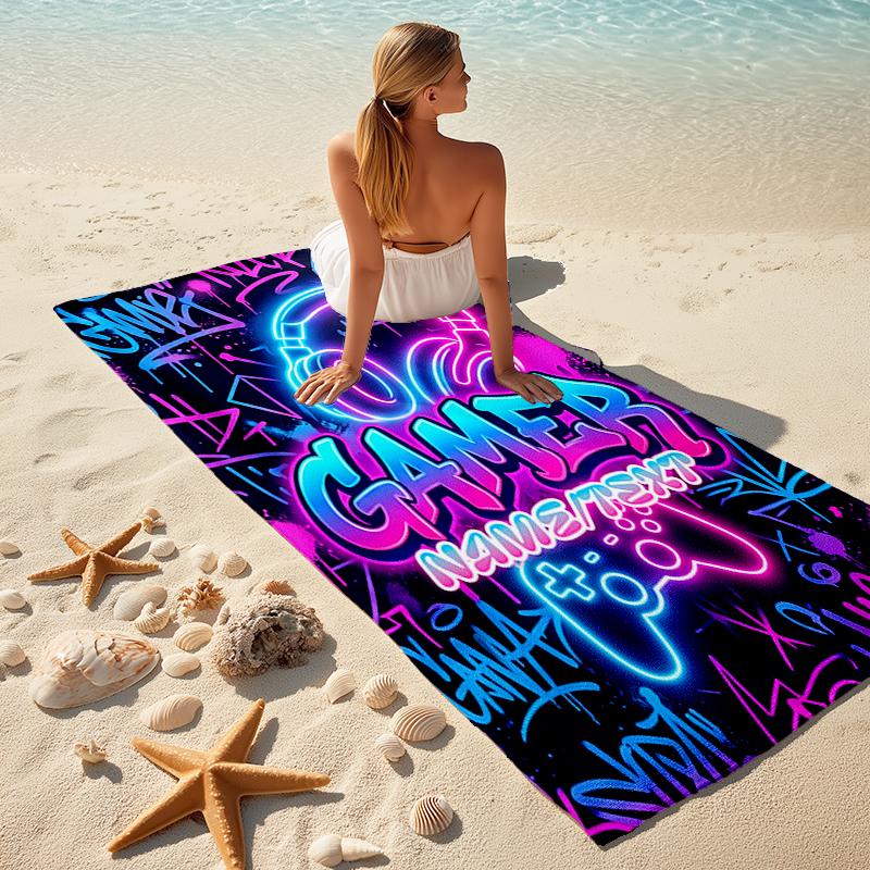 1PC Custom Name Gamer Neon Artwork Beach Towel Highly Absorbent And Sand-Resistant Towel for Swimming, Pool, Yoga, And Travel Lightweight