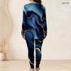 Women Plus Size Two Piece Pants Set Front Half Zip Long Sleeve Printed Longline Top Fitted Turquoise Pants