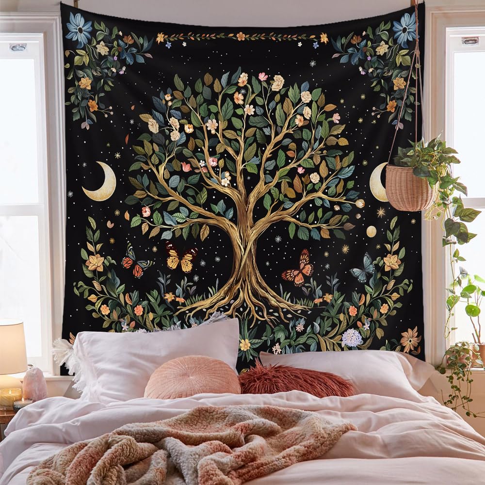 Neon Sun & Moon Tapestry, Psychedelic Rainbow Celestial Print with Clouds On Black Background, Wall Hanging for Boho Decor