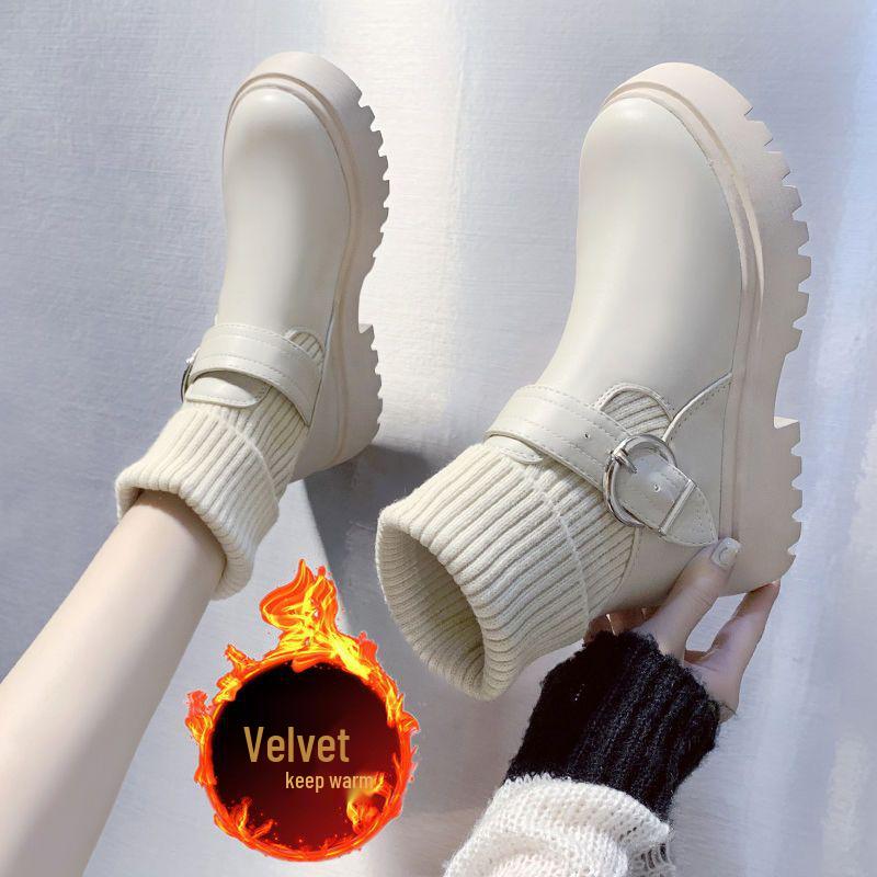 Women's Chunky Heel Knitted Wool Ankle Boots, Warm Velvet-Lined Cotton Leather Martin Style