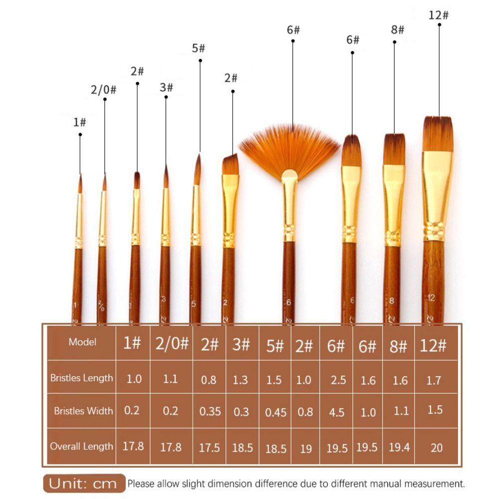 10Pcs/Set Round Flat Angle Artist Paint Brushes Set Wooden Pole Drawing Art Brush  Gift