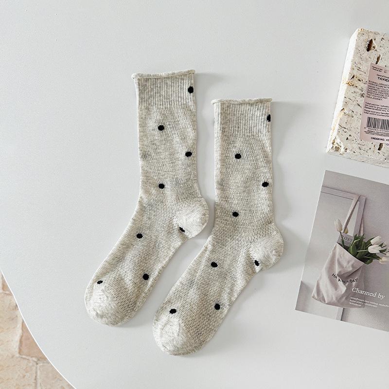 Women's Polka Dot Mid-Calf Cotton Socks with Rolled Cuffs - Retro Mesh, Breathable, Slouchy, Versatile, Casual Style