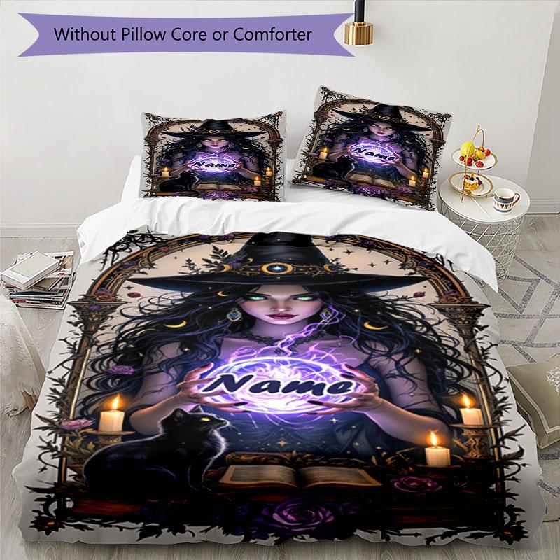 3pcs Custom Name Witchcraft Magic Bedding Set Printed Bedding Set Duvet Cover Closure Includes 1 Duvet Cover & 2 Pillowcases Bedroom Decor