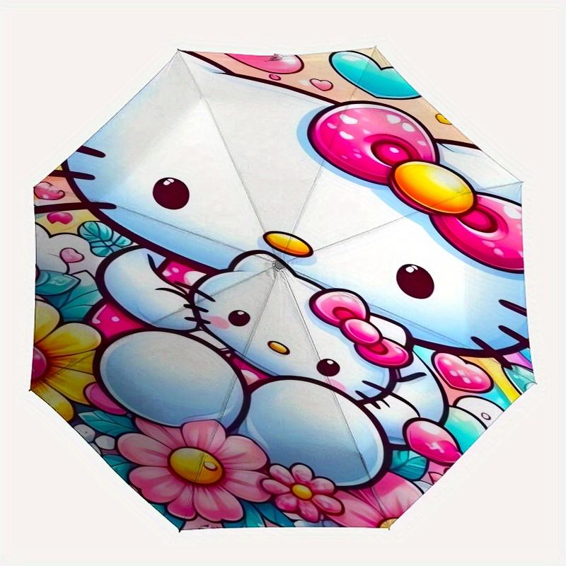 Hello Kitty,Flowers Automatic Folding Umbrella-Simple 8-Rib Design, Bright Cartoon Pattern, Durable Iron Frame, Suitable For Travel, Outdoor