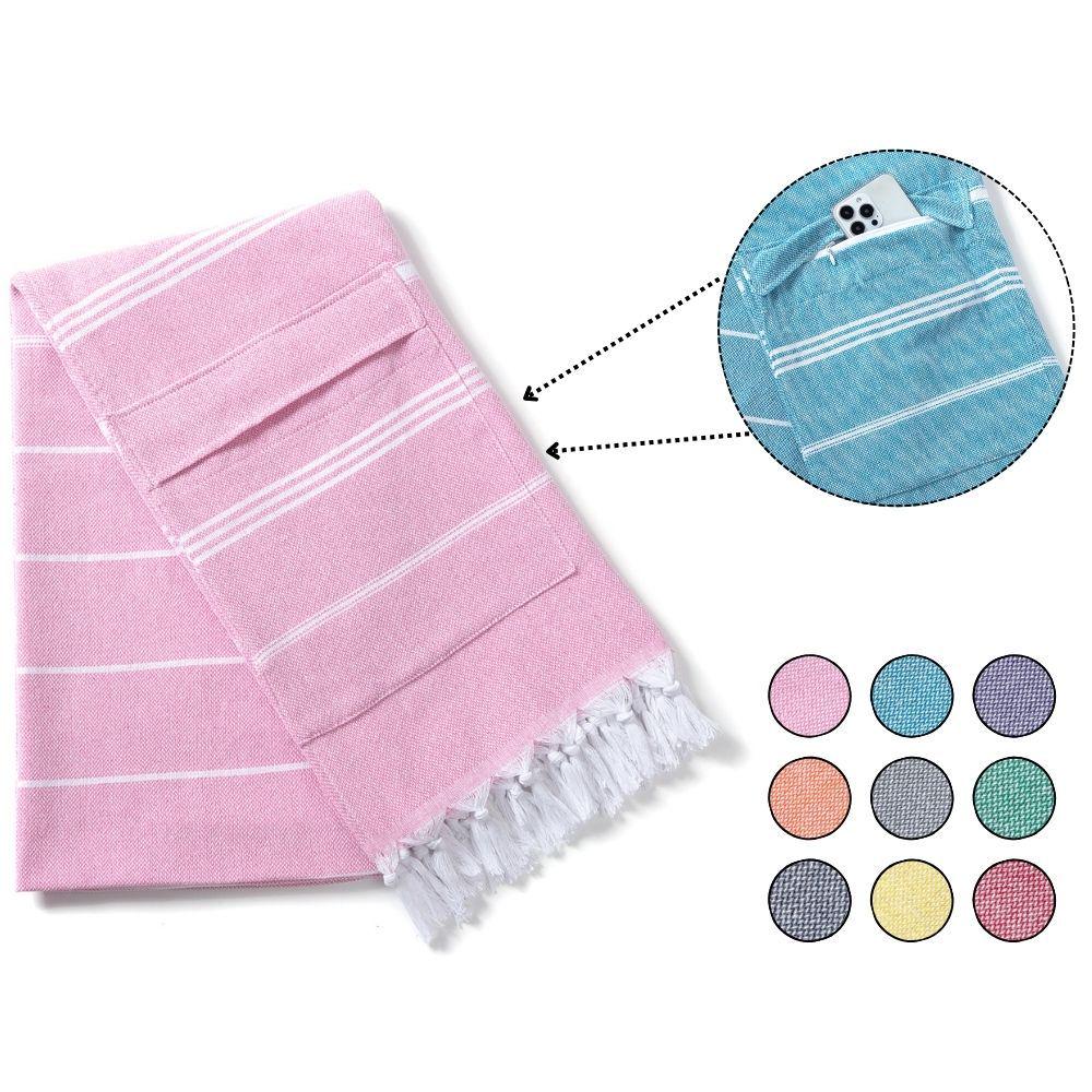 Cotton Striped Tassel Beach Towel with Invisible Zipper Pocket - Quick Dry & Absorbent