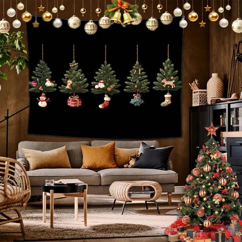 Christmas Tree Ornament Wall Tapestry White Background Red Gold Ball Star Hanging Decoration Aesthetic Holiday Home Decor
