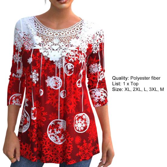 O-Neck Long Sleeves Lace Stitching Christmas Top Women Snowflake Theme 3D Printed Blouse Streetwear