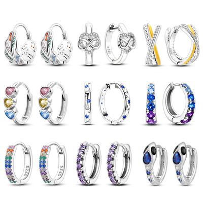 100 %Silver Earrings For Women Colorful Zirconia Rainbow Feather Hoop Earrings Love Heart Blue Snake Fashion Jewelry 