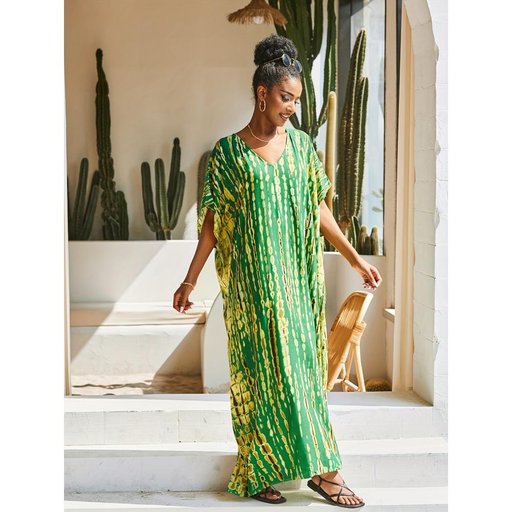 Plus Size Boho Cover Up, Women's Plus Tie Dye Striped V Neck Bat Sleeve Split Beach Cover Up Dress