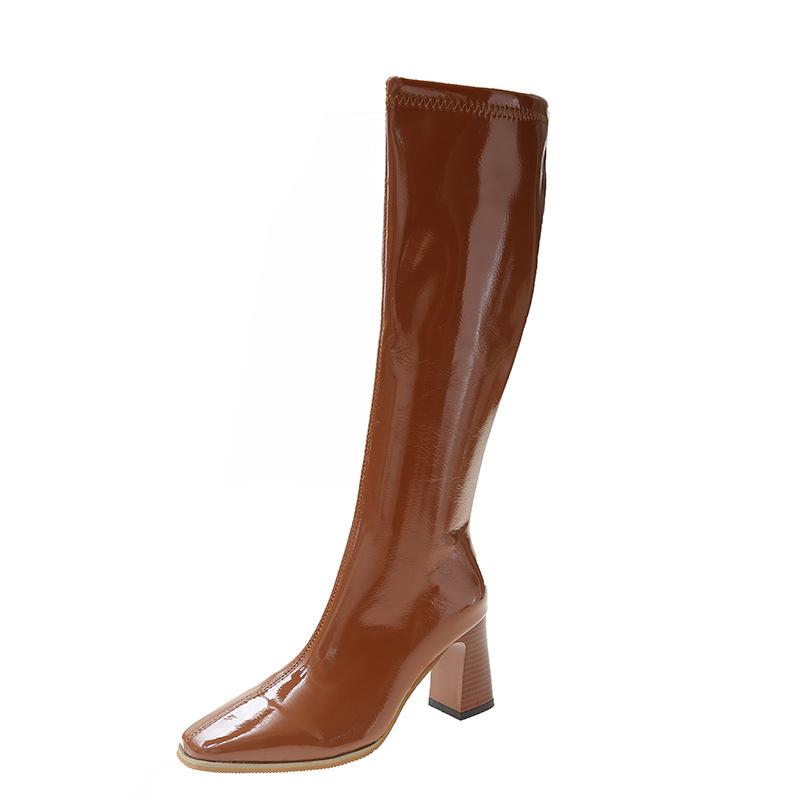 But knee boots women's autumn and winter new patent leather thick heel high heel square head side zipper high knight boots