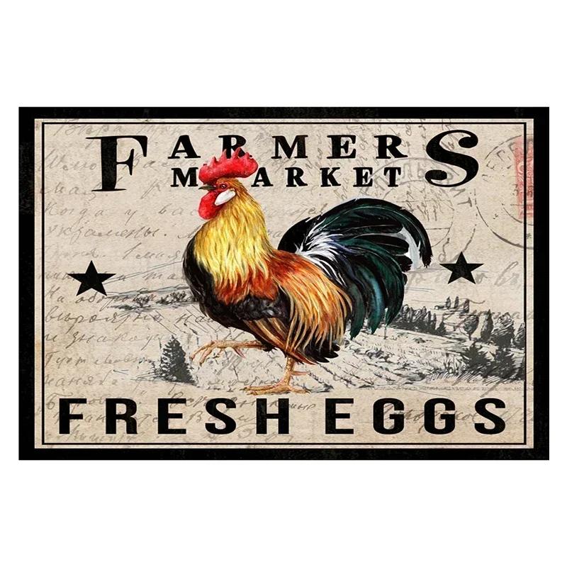 Chicken Rooster Hen Coop Egg Decorative Metal Sign, Vintage Tin Metal Plate for Farmhouse Kitchen Wall Home Decor