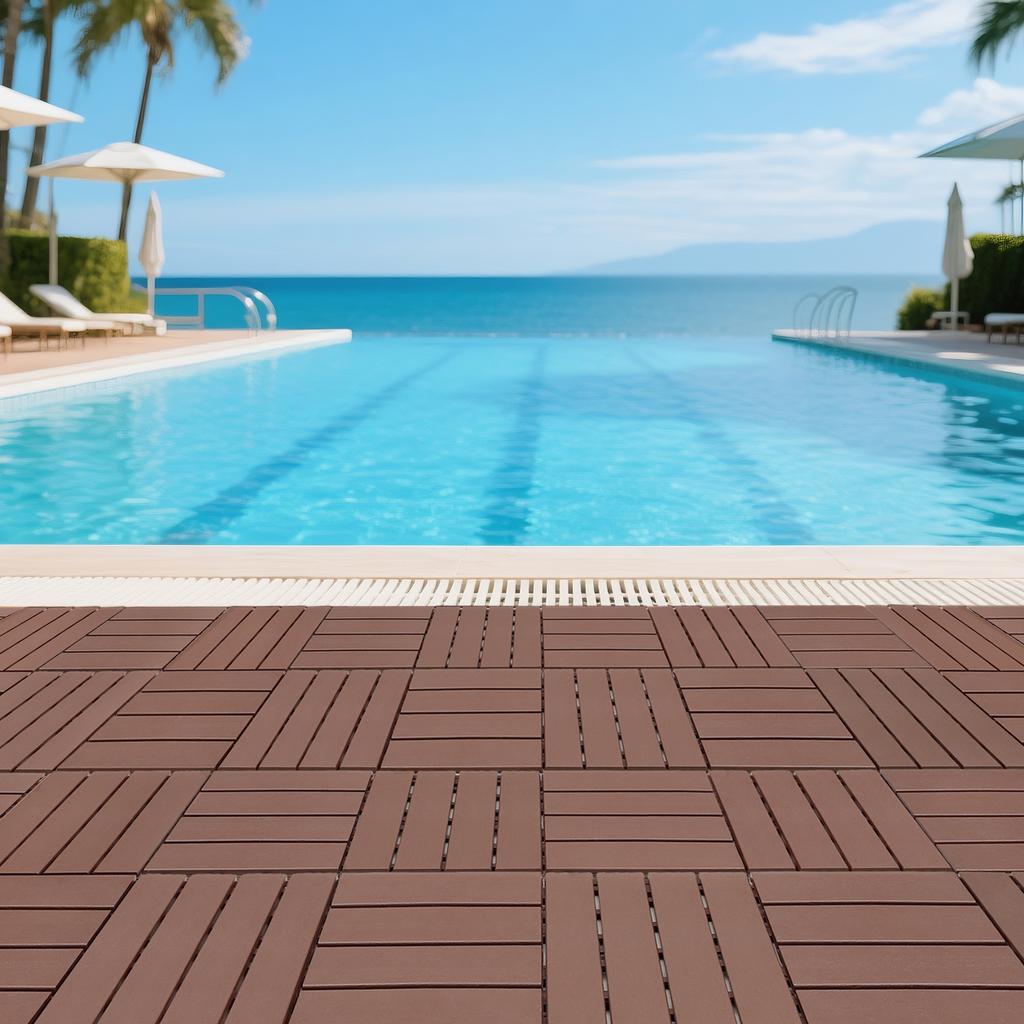 Plastic Interlocking Deck Tiles,44Pack,12"x12" Square Waterproof Outdoor All Weather Use, Outdoor and Indoor, for Poolside Balcony Backyard, Brown