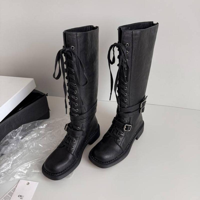 

Autumn and winter women s leather knight boots thick-soled non-slip rubber sole lace-up medium heel large-size women s boots new high boots 40 чёрный