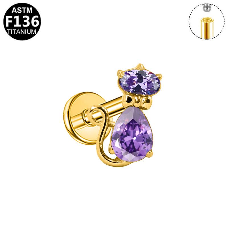 Herzförmiger Katzen-Ohrknochen-Stecker Piercing Schmuck mit lila Zirkon G23 Titan - Designer-Stil, Modisch, Schlicht.
