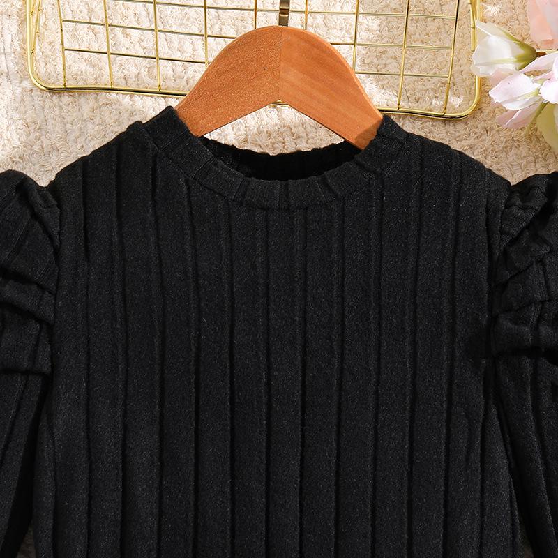 Children Clothing for Girls Autumn Long-sleeved Knitted Shirt Dress Black Printed Princess Dresses