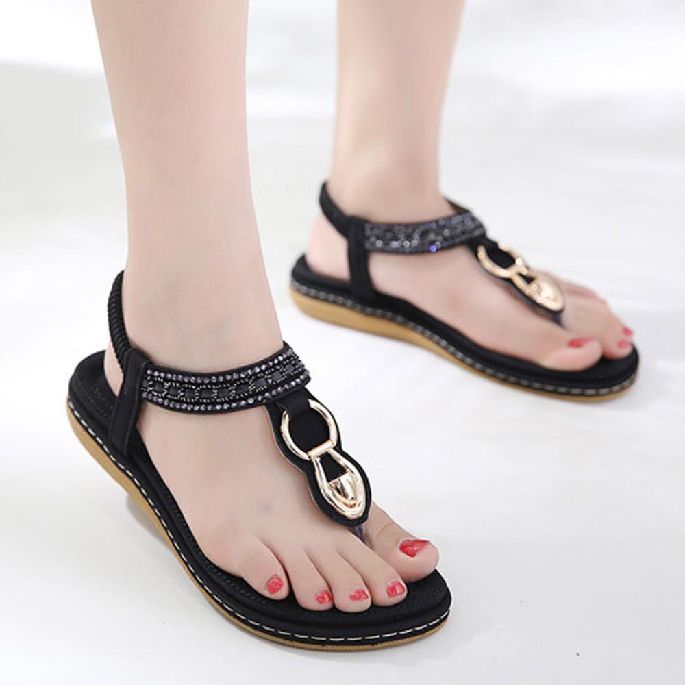 

Summer Hot Sandals Ladies Bohostyle Beach Flip Flops Shoes Metal Bohemian Rhinestone Flat Sandal For Women Holiday Style Shoe 41 чорний