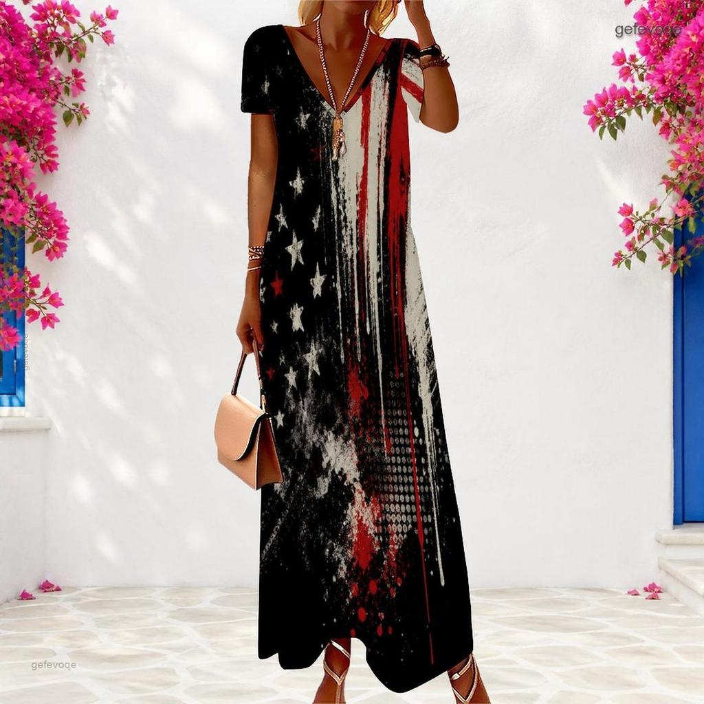 Women Plus Size V Neck Short Sleeve Dark Abstract Printed Maxi Dress