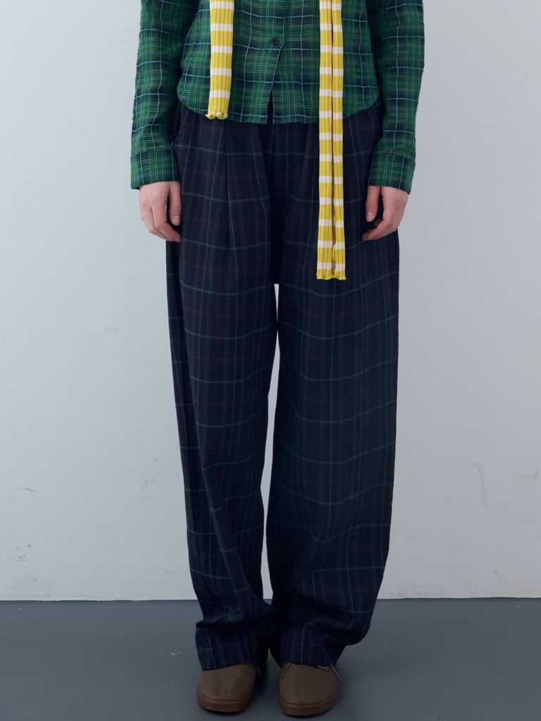 ENZO BLUES Seersucker Check Wide Elastic Pants (Navy)